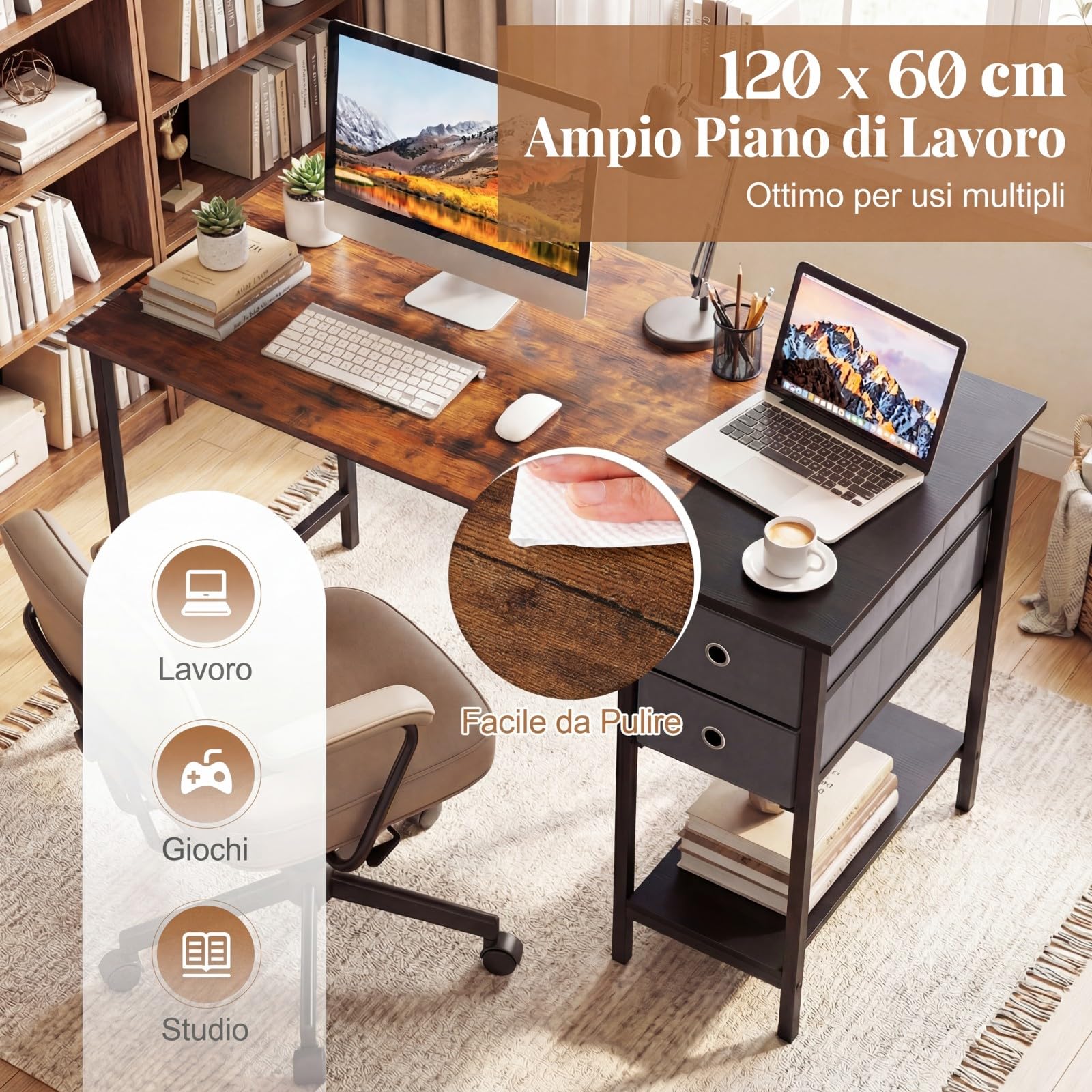 COSTWAY Scrivania per Computer, 120 x 60 x 75 cm, Scrivania Ufficio con 2 Cassetti e Ripiano, Tavolo Postazione di Lavoro, Studio e Lettura, Scrittoio Salvasapzio in Legno e Metallo (Marrone)