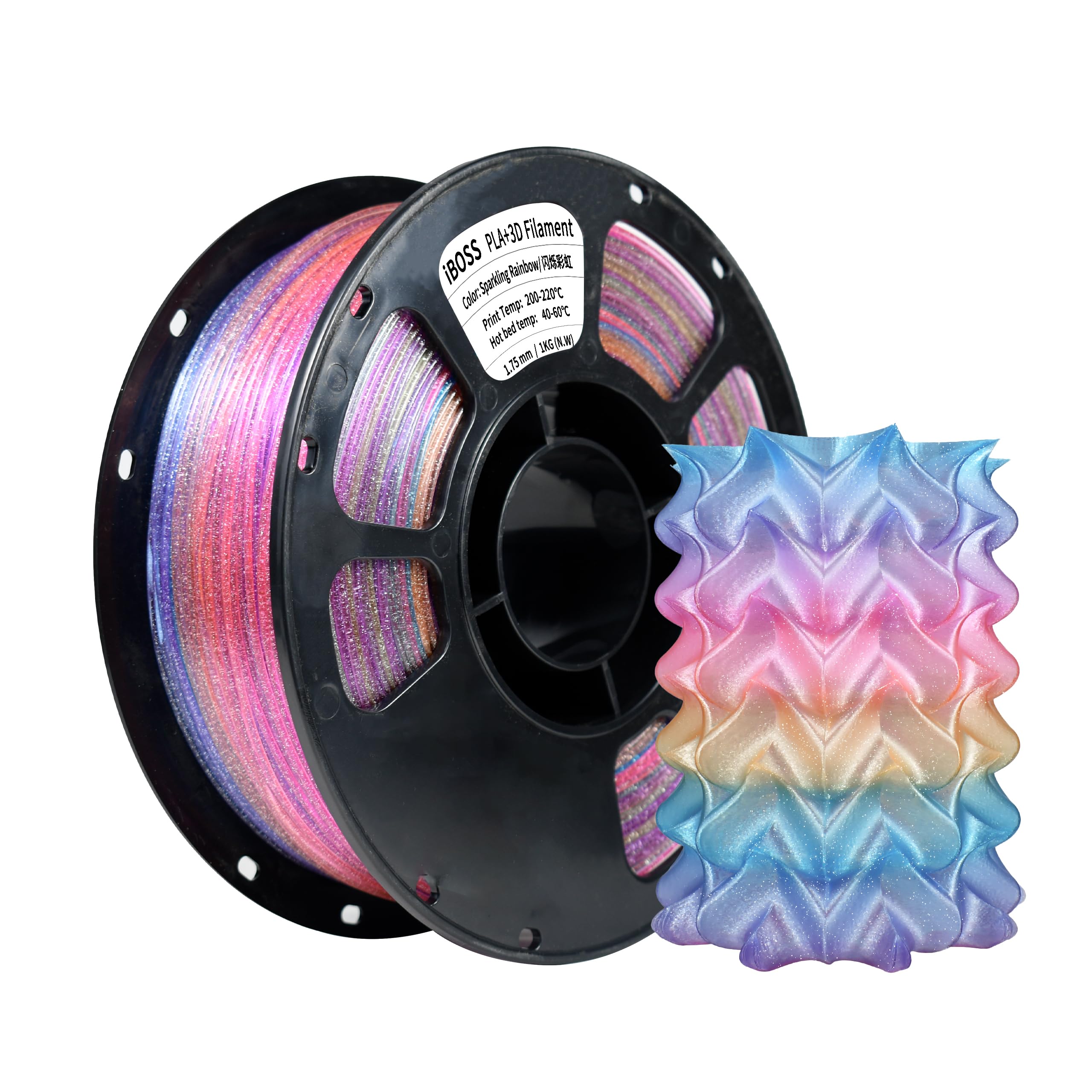 iBOSS PLA Plus Filament 1.75mm+/- 0.02 mm, 3D Printer Filament Transparent Multicolor Filament with Shiny Glitter, 3D Printing Filament, 1KG/Spool Transparent Sparkling Rainbow