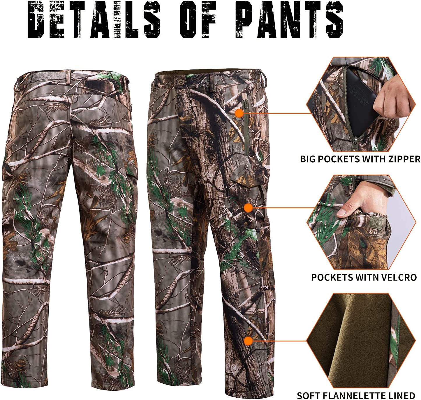 Hunting Pants for Men Camouflage Clothing Gear Windproof Fleece Lined for Winter - Image 3