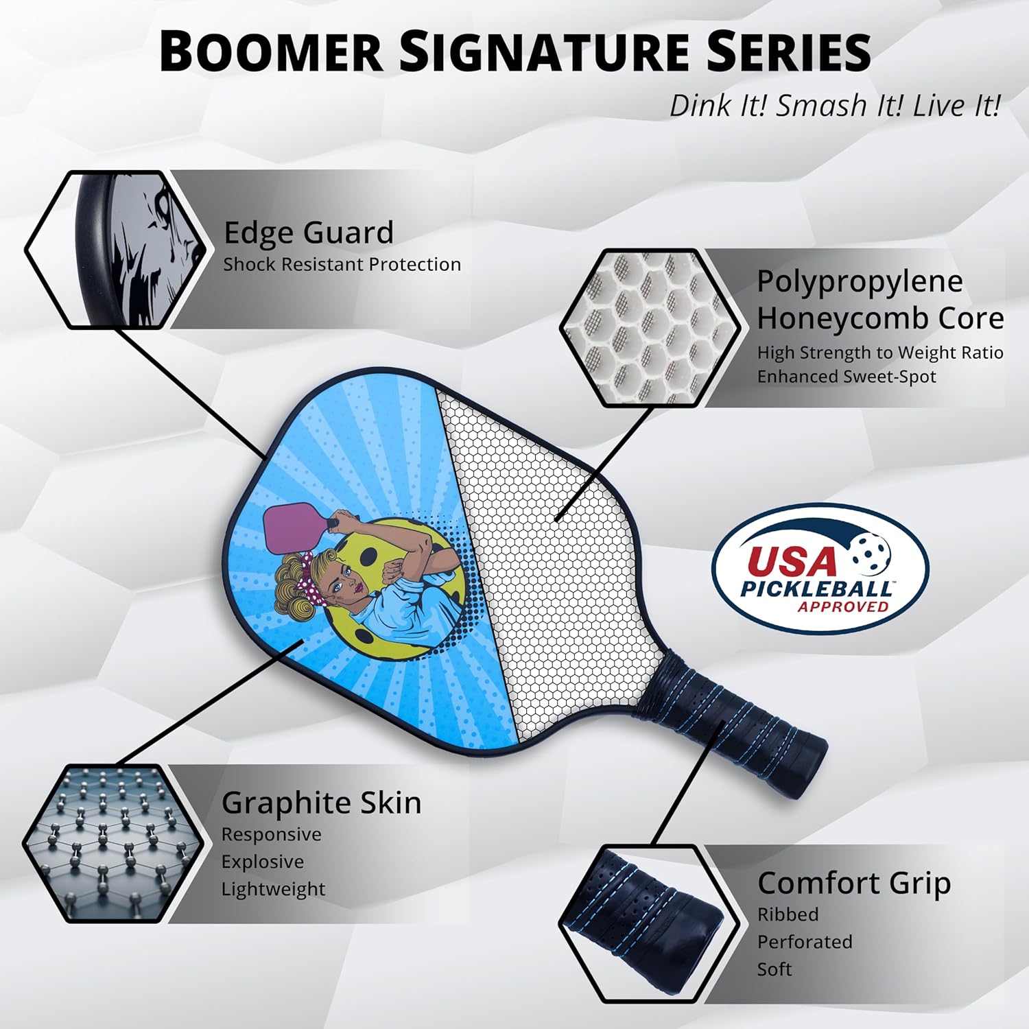 Signature Pickleball Paddle – USAPA Approved – Graphite Face – Polymer Honeycomb Core – Comfort Cushion Grip – Dink It! Smash It! Live It!