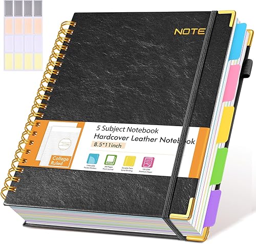 Cuaderno de tapa dura grande en espiral de 8.5" x 11" con pestañas divisoras extraíbles, 300 páginas, cuero, cuaderno de 5 asignaturas con rayas