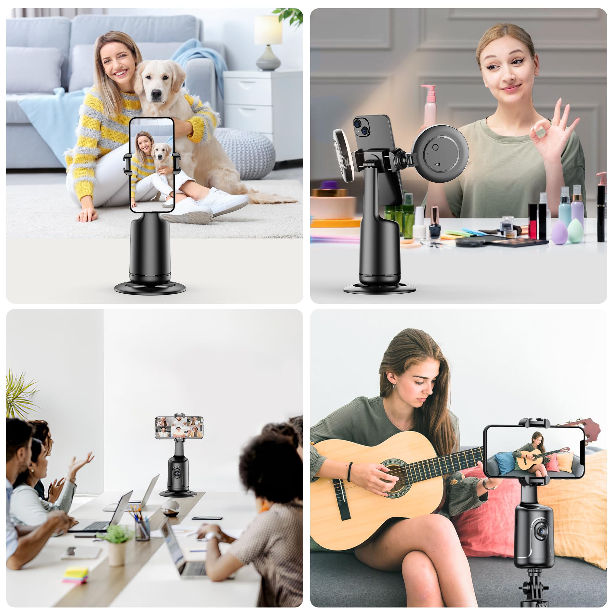 Auto Tracking Treppiede Smartphone con Luce Selfie, Supporto per Telefono Cellulare con Funzione di AI Tracciamento 360°del Viso e Telecomando, Stabilizzatore Gimbal Bastoni Selfie per iPhone/Android