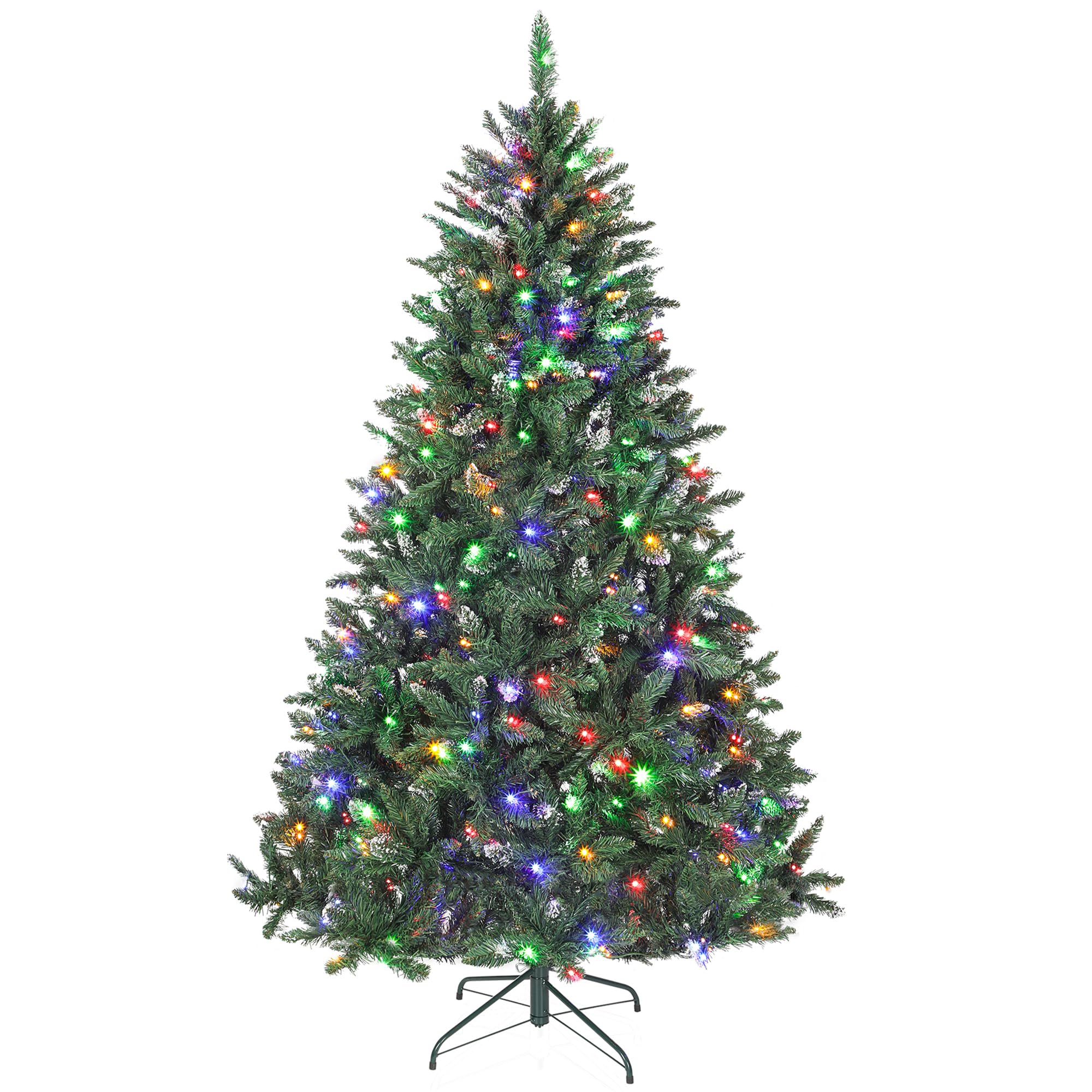 HOMCOM Árbol de Navidad 210 cm con Luces LED 9 Modos de Iluminación Verde | Árbol Navideño de Abeto, 1160 Ramas con Nieve Artificial, Soporte Metálico, Fácil de Montar