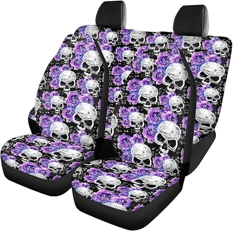 Sugar Skull Purple Car Seat Covers Full Set Front Seats for Women Man 4Pcs Automotive Accessories Universal Seats Protector Fit Car,Truck,SUV,Vans Most Vehicle