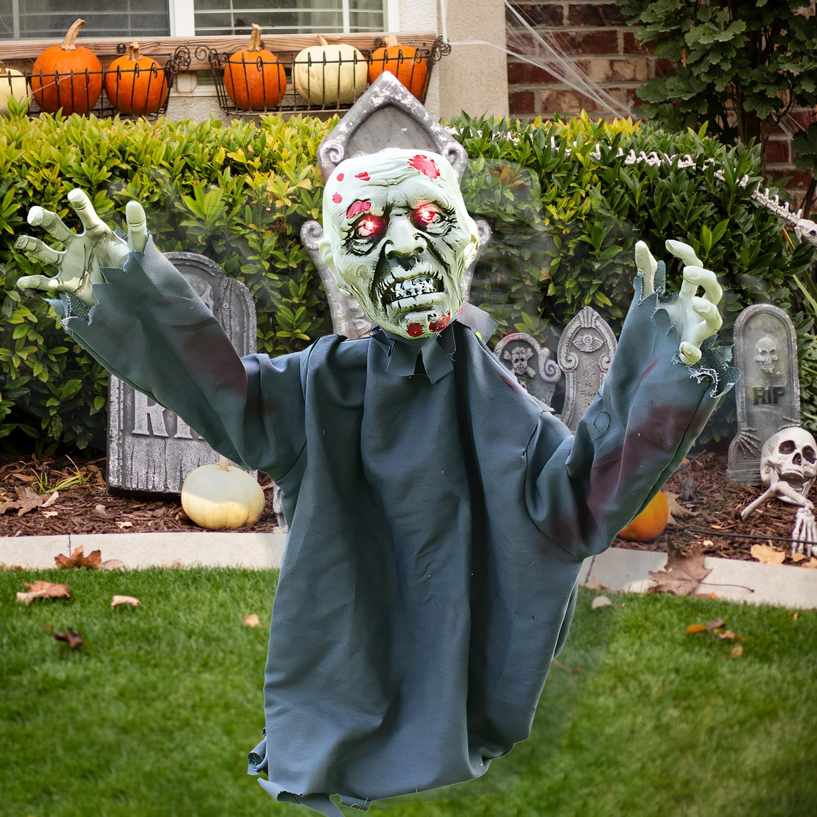 Halloween Animatronic Zombie Groundbreaker, Halloween Deko Gruselig Skelett Zombie mit Leuchtende Augen und Gruseligem Klang, Schwankender Zombie Animiert für Halloween Deko Outdoor, Garten, Rasen (B)