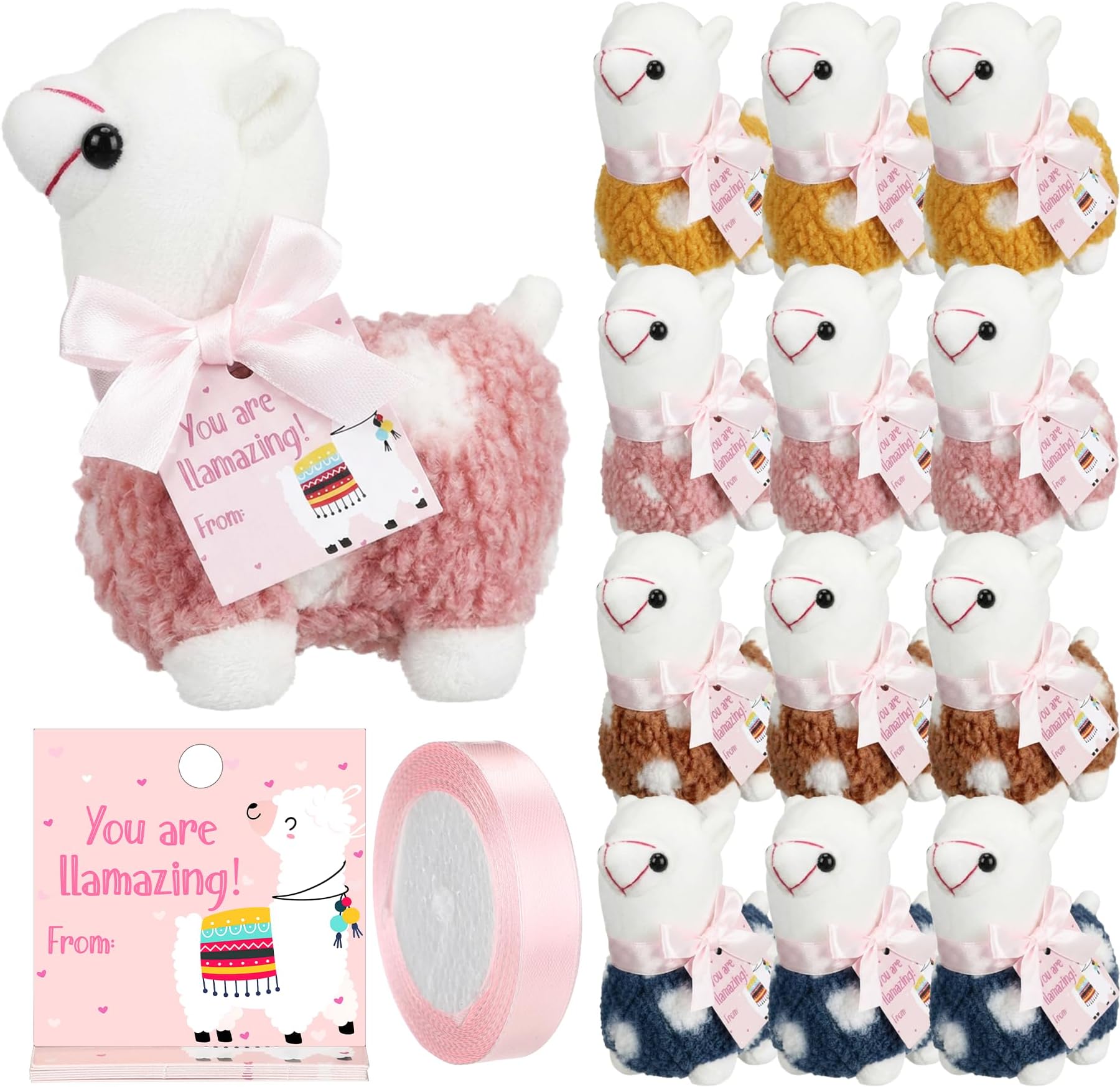 12 Pcs Mini Llama Stuffed Animals Bulk 4.5 Inch Alpaca Plush Dolls Cute Stuffed Animals with Card Ribbon for Party Favors Birthday Party Supplies Father's Gift