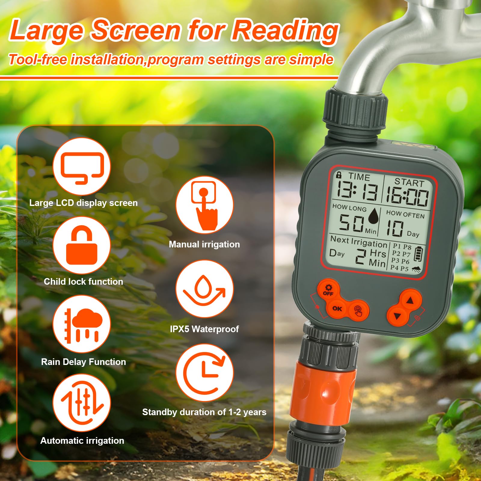 Programmateur Arrosage Automatique Manuel, Retard de Pluie Minuterie d'arrosage, 8 programmes Grand Écran LCD, Verrouillage Enfant, IPX5 Imperméable pour Balcon Jardin Parterre Ferme Extérieur