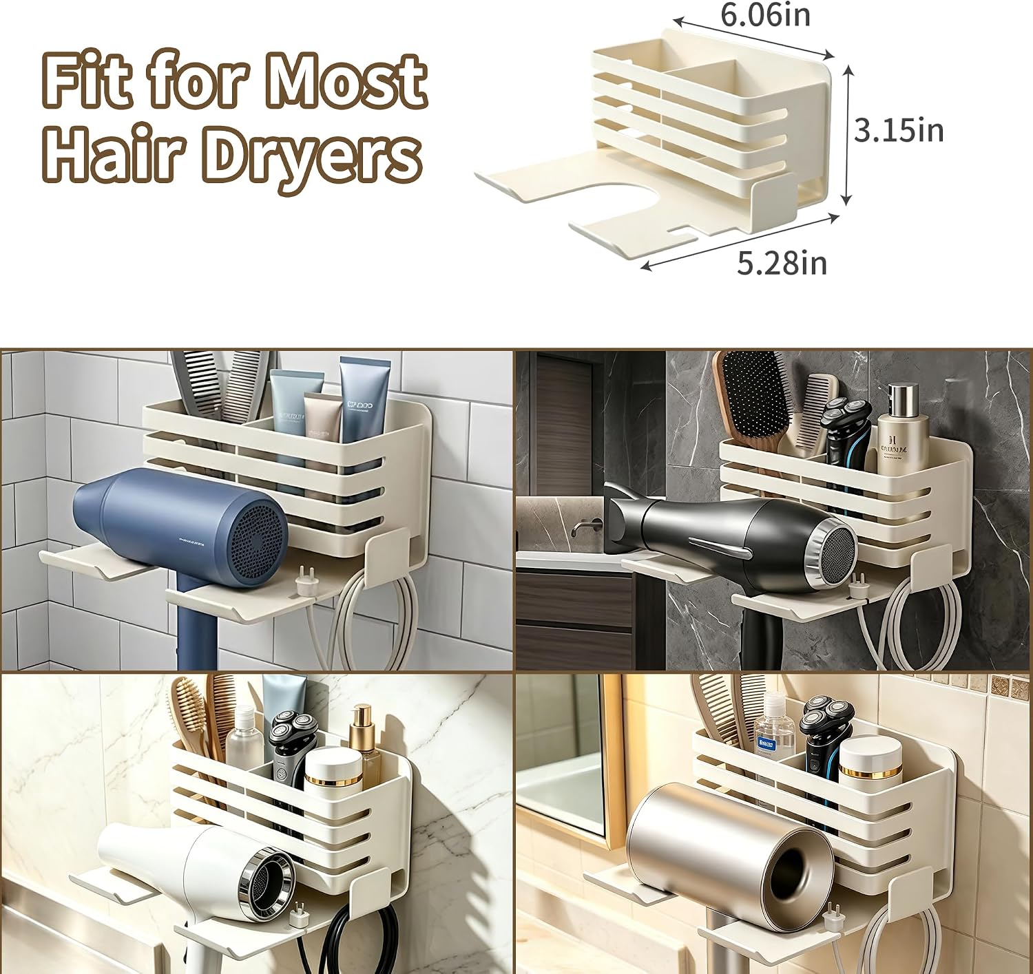 Hair Dryer Holder Wall Mounted with Storage Box, Bathroom Space-Saving Blow Dryer Organizer, Hair Dryer Holder Storage Tray for Bathroom, White