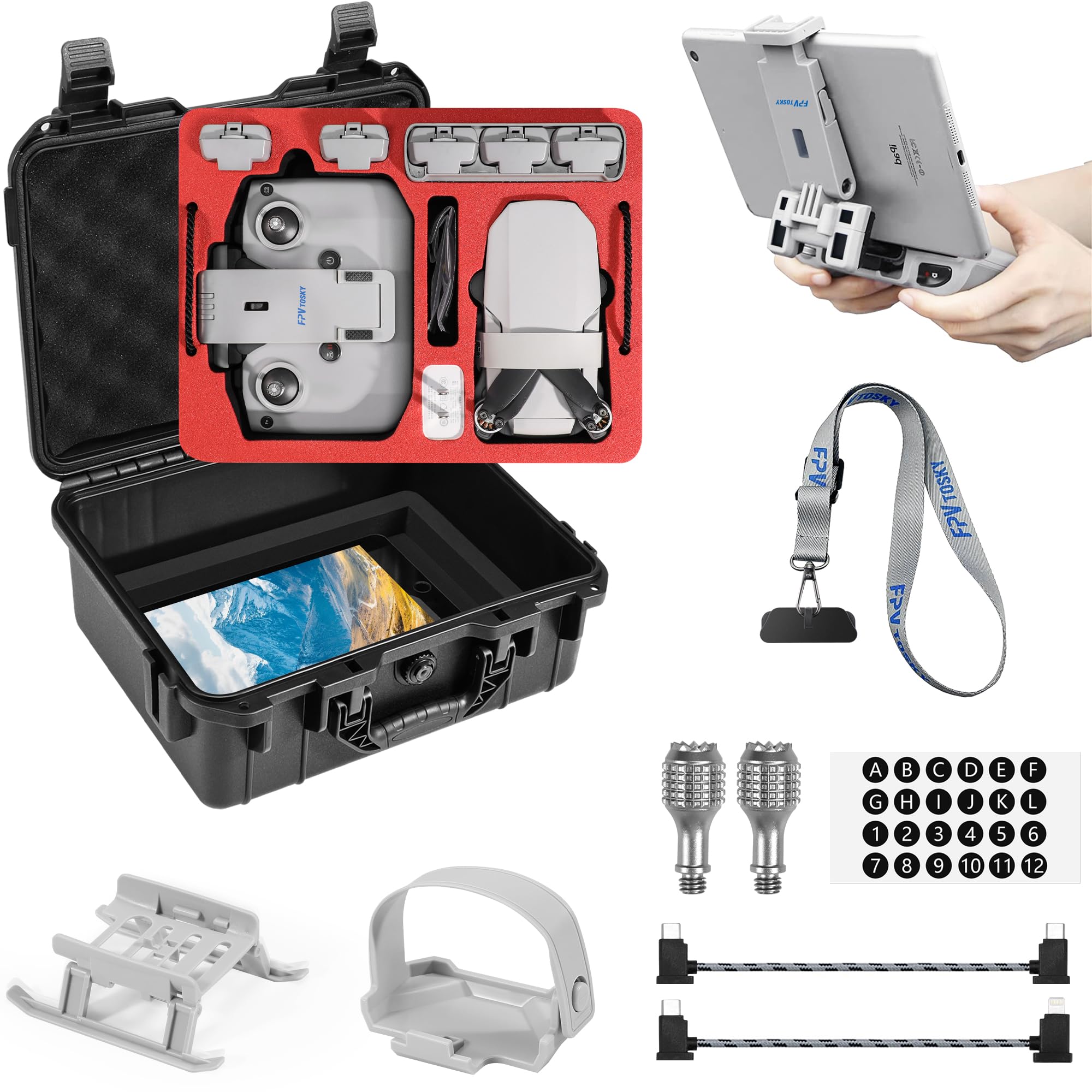 FPVtosky8-IN-1 Mini 4K/2 SE Accessories Bundle Kit, Dual Layer Hard Case, Tablet Holder, Neck Lanyard Strap, Landing Gear, Propellers Holder for DJI Mini 4K/2/2 SE