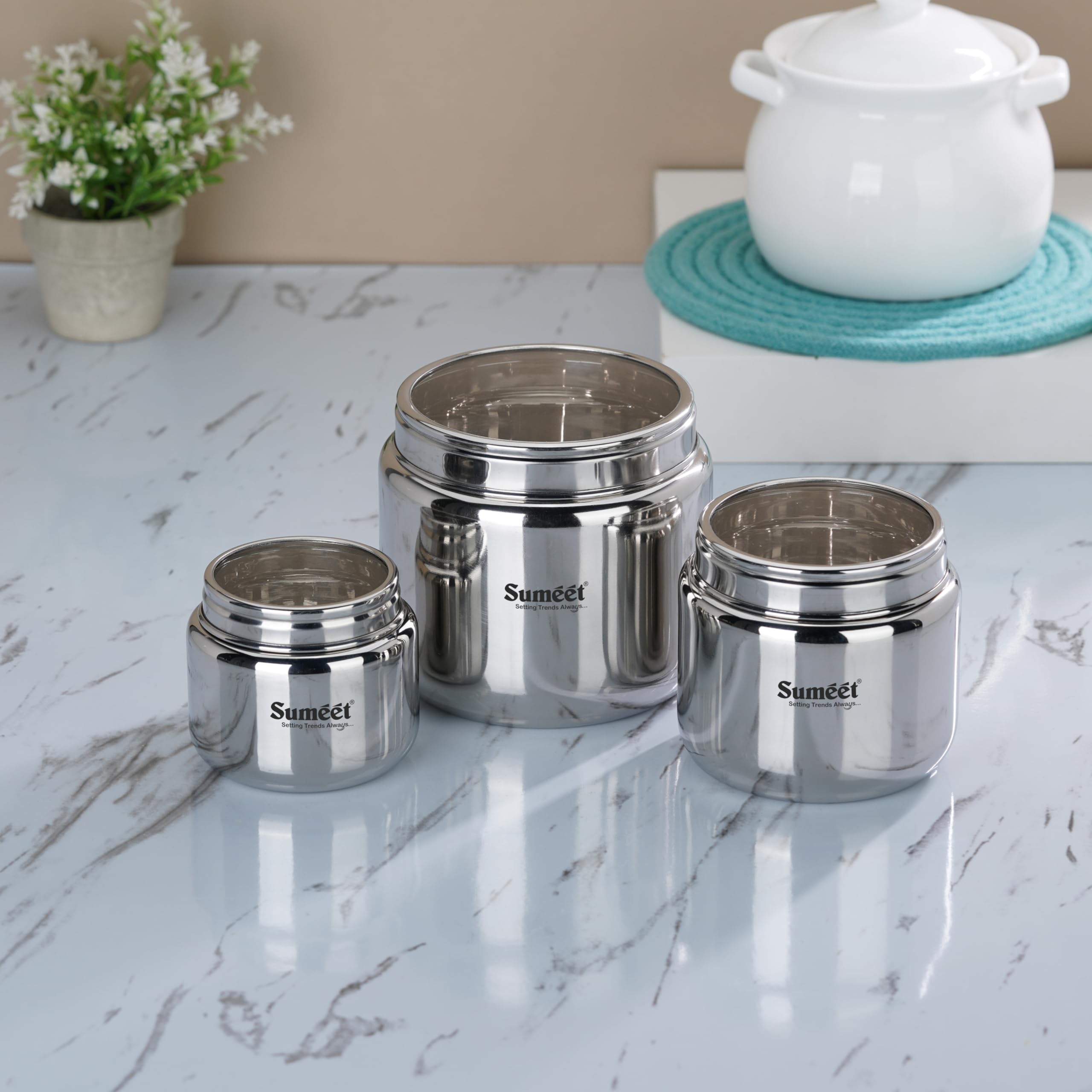 Sumeet Recipientes de acero inoxidable para cocina con tapa transparente, combo de 3 unidades (400 ml con 9 cm de diámetro, 800 ml con 11 cm de diámetro y 1450 ml con 13,5 cm de diámetro), color