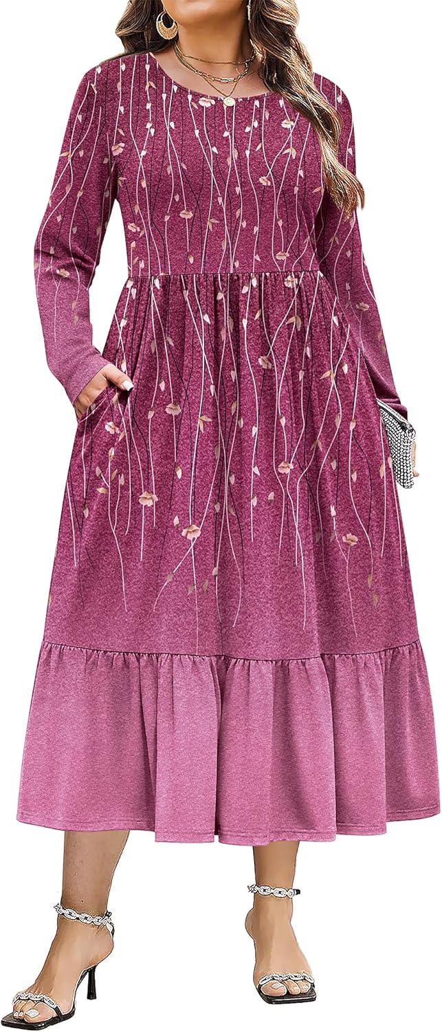 IN'VOLAND Women Plus Size Long Sleeve Dress Loose Casual Flowy Tiered Long Maxi Dresses with Pockets