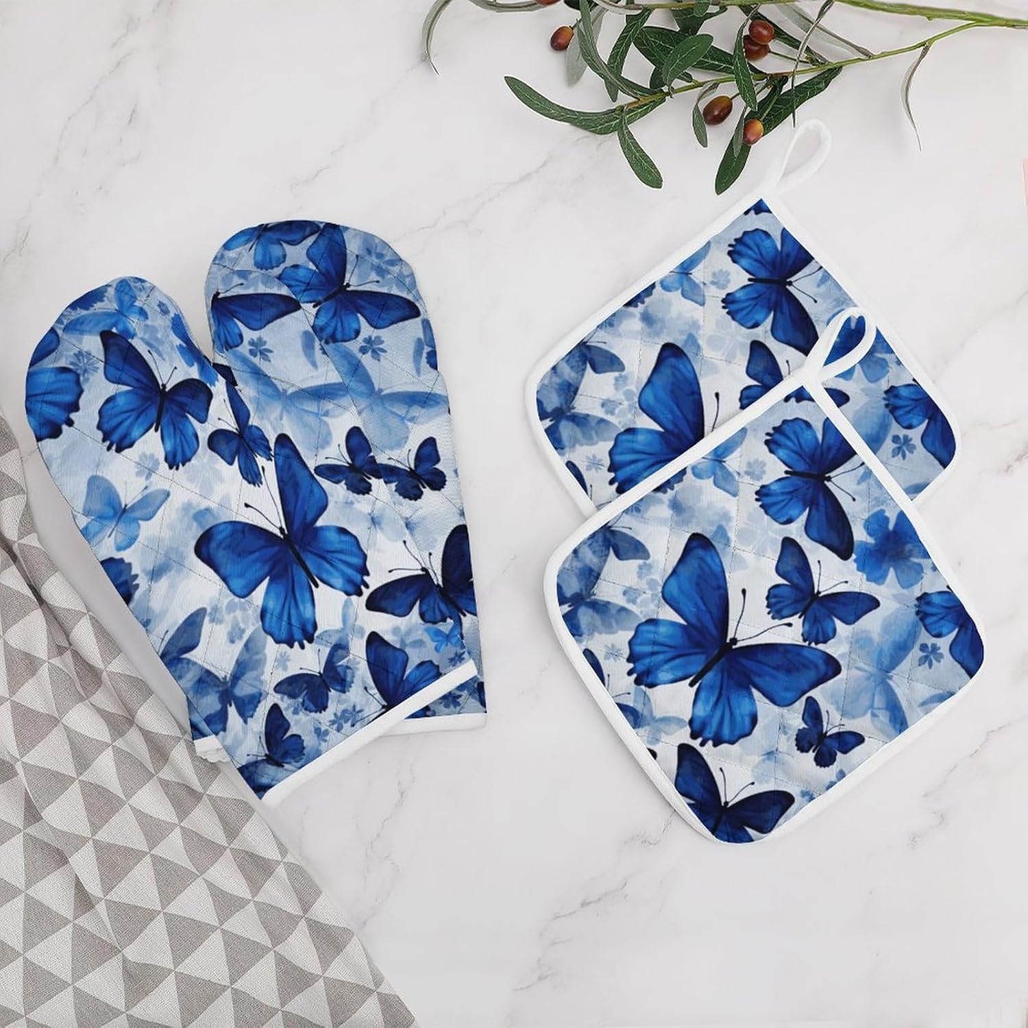 Oven Mitts Pot Holders Kitchen Blue Butterflies Heat Resistant Oven Glove for Baking and Cooking