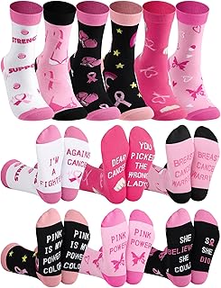 6 Pairs Breast Cancer Awareness Socks for Women, Motivational Pink Ribbon Crew Socks Chemo