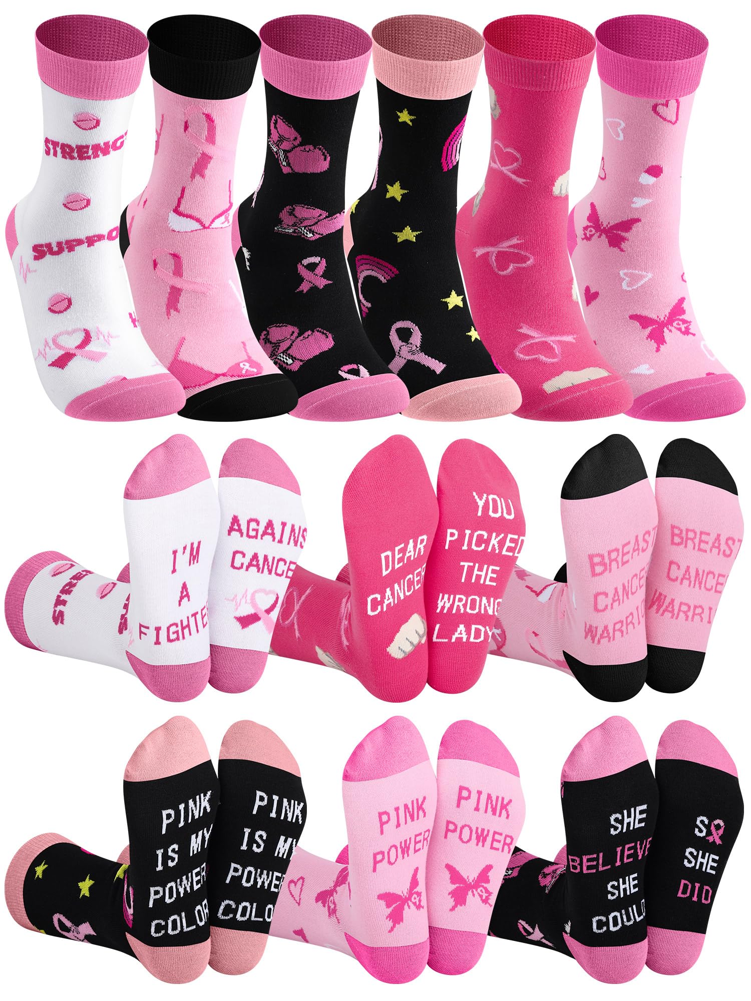 Croloose 6 Pairs Breast Cancer Awareness Socks for Women, Motivational Pink Ribbon Crew Socks Chemo Gift, Get Well Soon Feel Better Breast Cancer
