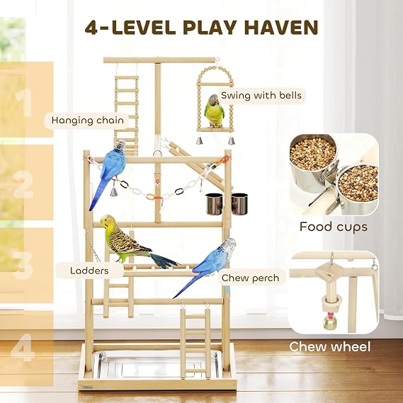PawHut Bird Playground, 4 Layer Wooden Parrot Play Stand with Ladders, Chain Toy, Stainless Steel Cups and Tray, Bird Cage Accessories for Parakeets, Cockatiels, Finches, Lovebirds, Budgie