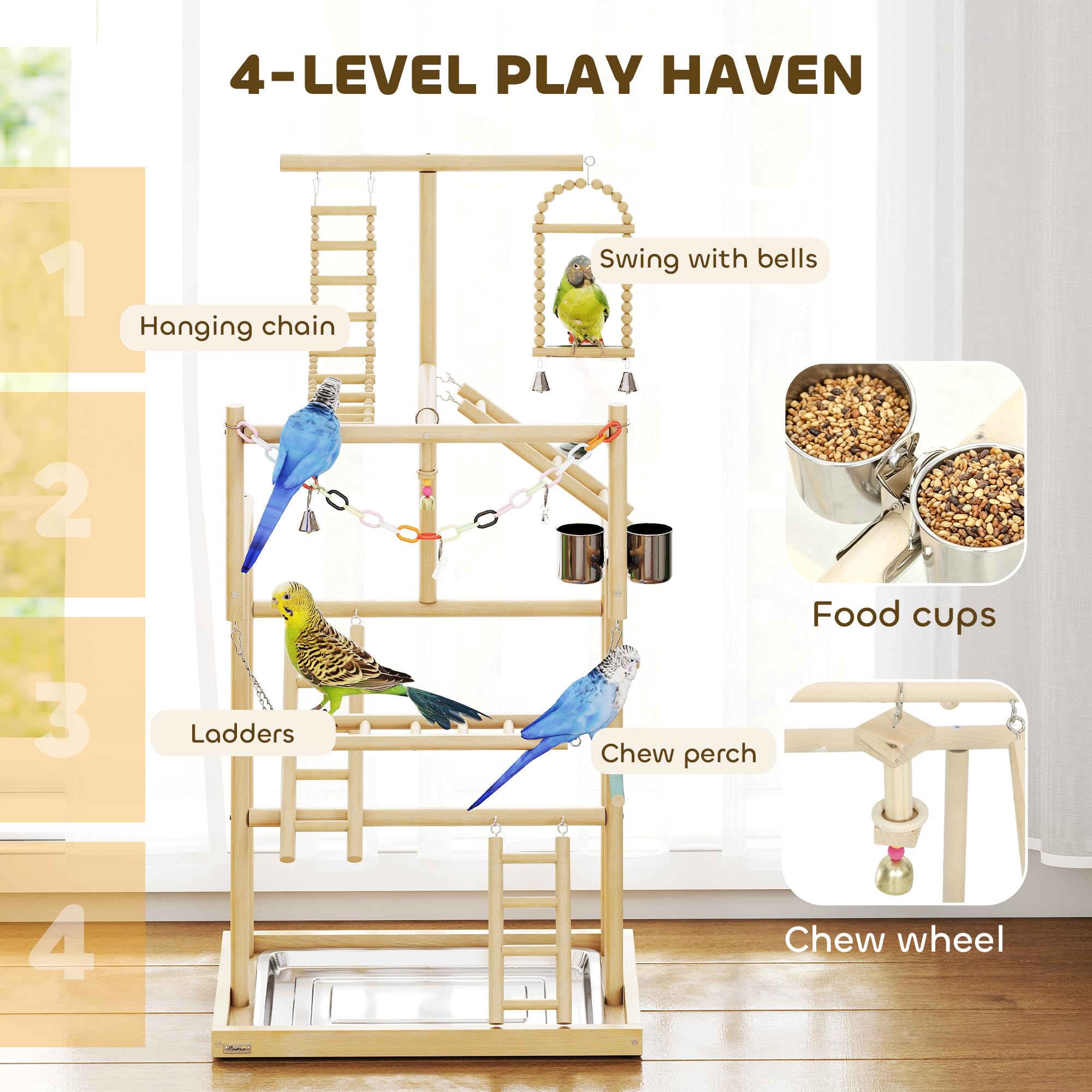 PawHut Bird Playground, 4 Layer Wooden Parrot Play Stand with Ladders, Chain Toy, Stainless Steel Cups and Tray, Bird Cage Accessories for Parakeets, Cockatiels, Finches, Lovebirds, Budgie - image 4