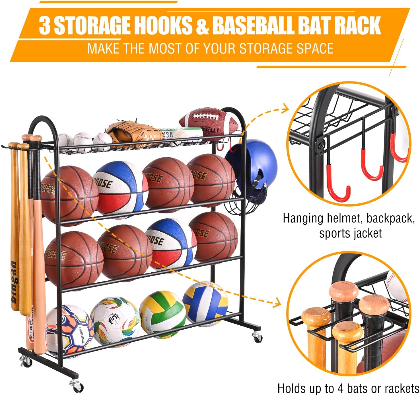 PLKOW Basketball Rack, Rolling Ball Storage with Baseball Bat Holder and Hooks, Sports Equipment Storage with Wheels for Volleyball, Football and Basketball Accessories, Powder Coated Steel (Black) : Sports & Outdoors