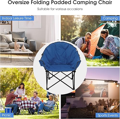 Miniatura 9 de Tangkula Silla de camping de gran tamaño, silla plegable acolchada al aire libre con soporte para tazas, silla de club con platillo redondo de luna,