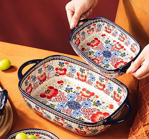 Miniatura 8 de Bicuzat Cacerola de cerámica para hornear con diseño de flores azules y naranjas con asas para horno, cocinacocina, 1 unidad, 32 onzas