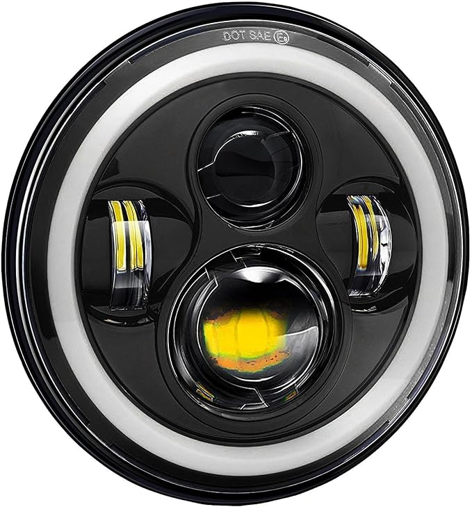 7 Inch LED Headlight with Full Ring DRL, White & Yellow Hi/Low Beam, Imported Power Headlamp Compatible with Royal Enfield Bullet & Thar, Waterproof and Durable (Pack of 1)