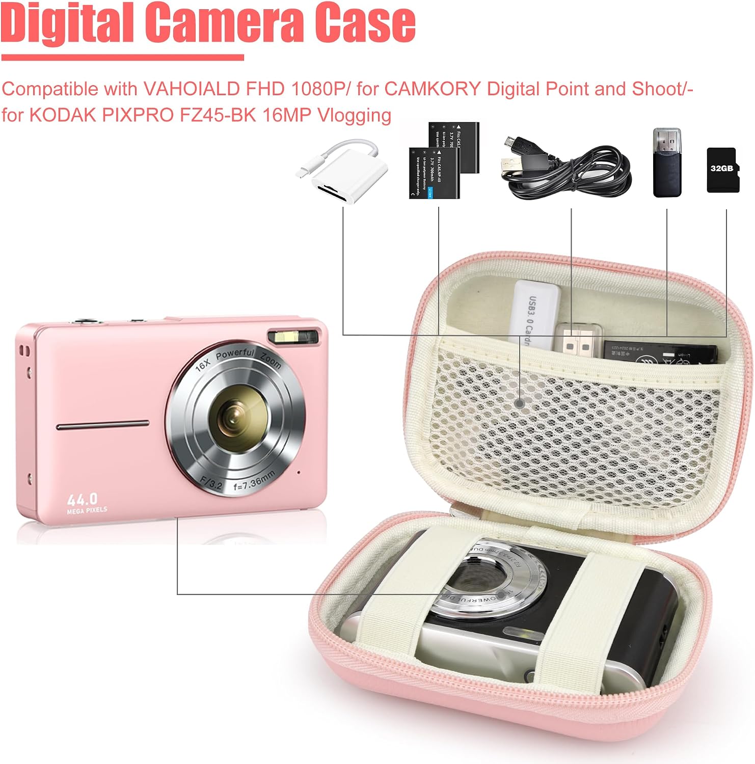 Veki Digital Camera Case Compatible With KODAK PIXPRO FZ45 FZ55/ for CAMKORY DC403 FHD 1080P Digital Point and Shoot Vlogging/SD Card, Travel Carry Cases Bag (Sakura Pink)