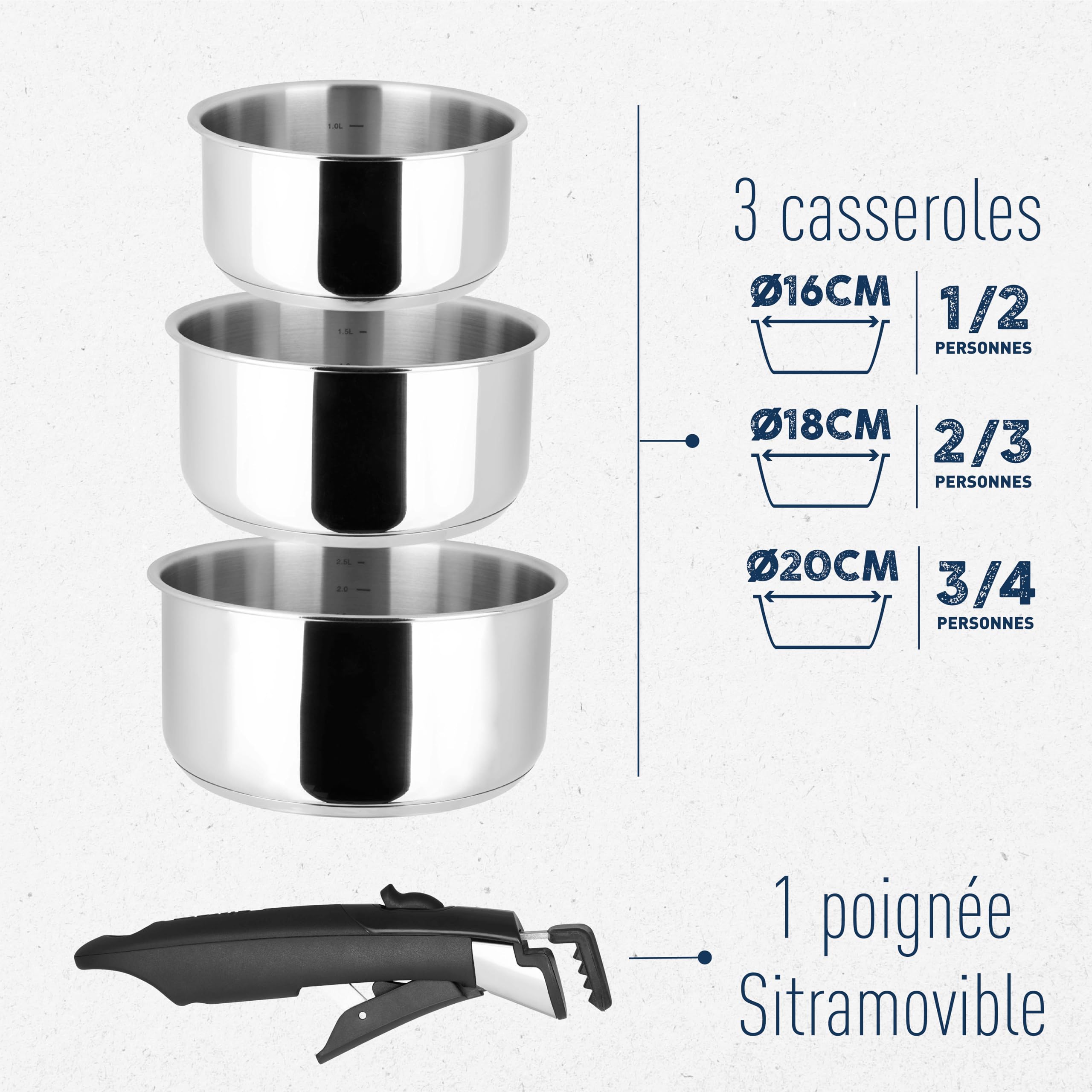 Sitram 713511 SITRAM-713511-Lot 3 casseroles 16+18+20cm Sitramovible Arpège en INOX, poignée Amovible-Tous Feux Dont Induction, Argent
