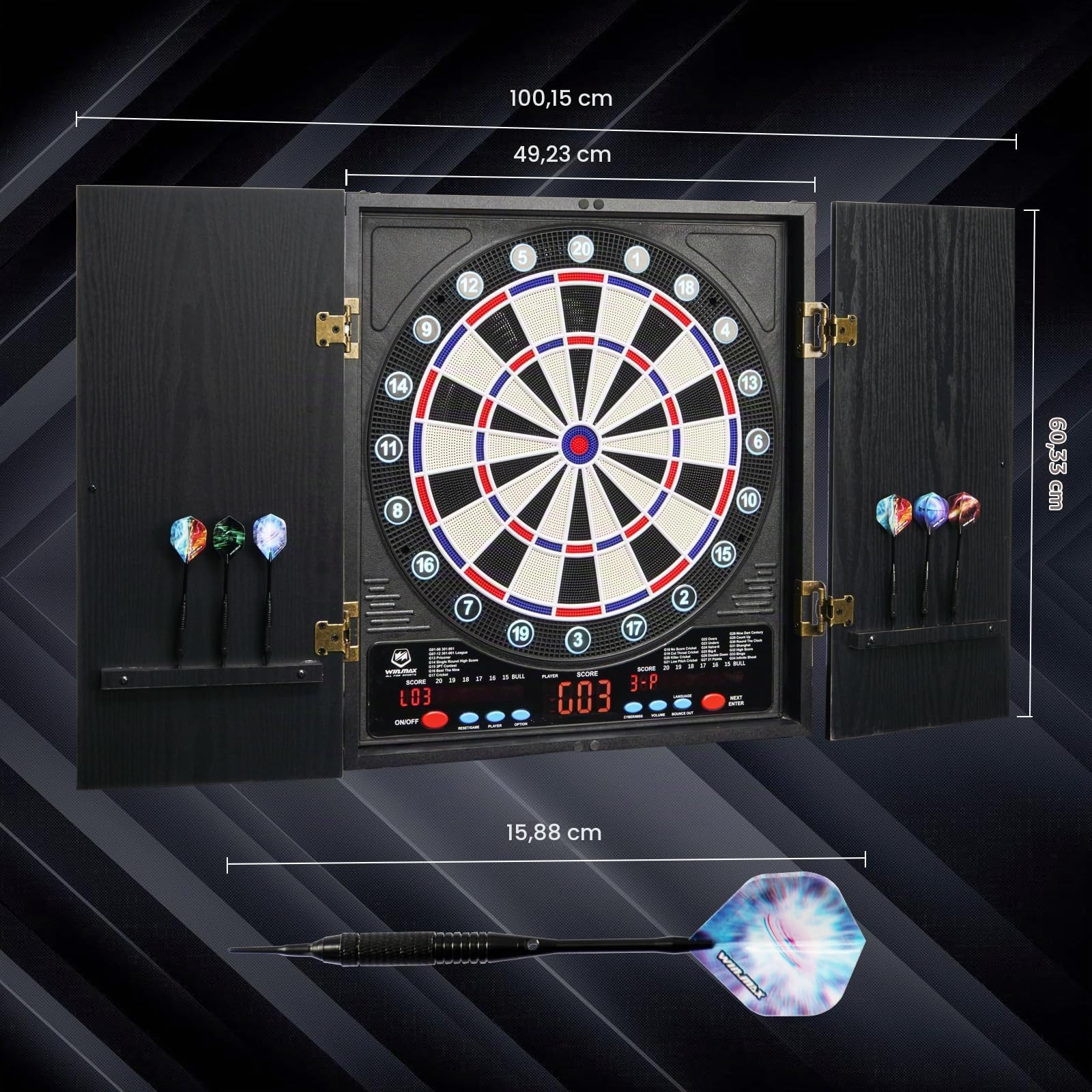 WIN.MAX Profi Elektronische Dartscheibe Set | Dartschrank mit LED-Anzeige & 211 Spielvarianten | Komplettset für Zuhause