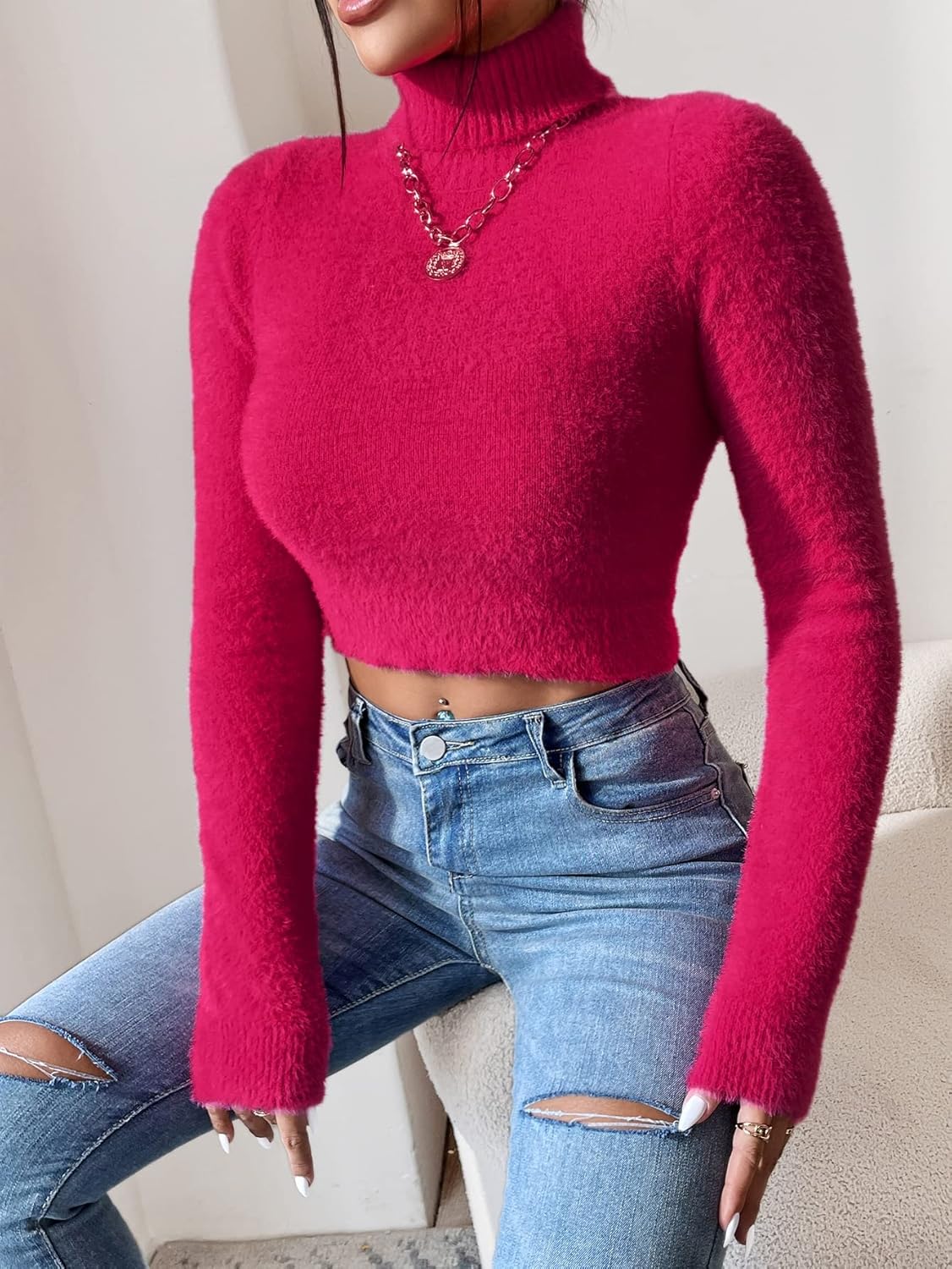 Women's Sweater Turtleneck Crop Fuzzy Sweater Sweater for Women (Color : Hot Pink, Size : Medium)
