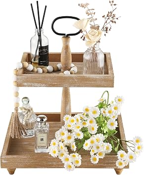 Tiered Tray Stand, Rustic Wooden 2 Tier Decorative Tray with Bead Garland, Farmhouse Square Wood Serving Tray Counter Centerpiece for Coffee Bar Home Decor Thanksgiving Housewarming Gifts Brown