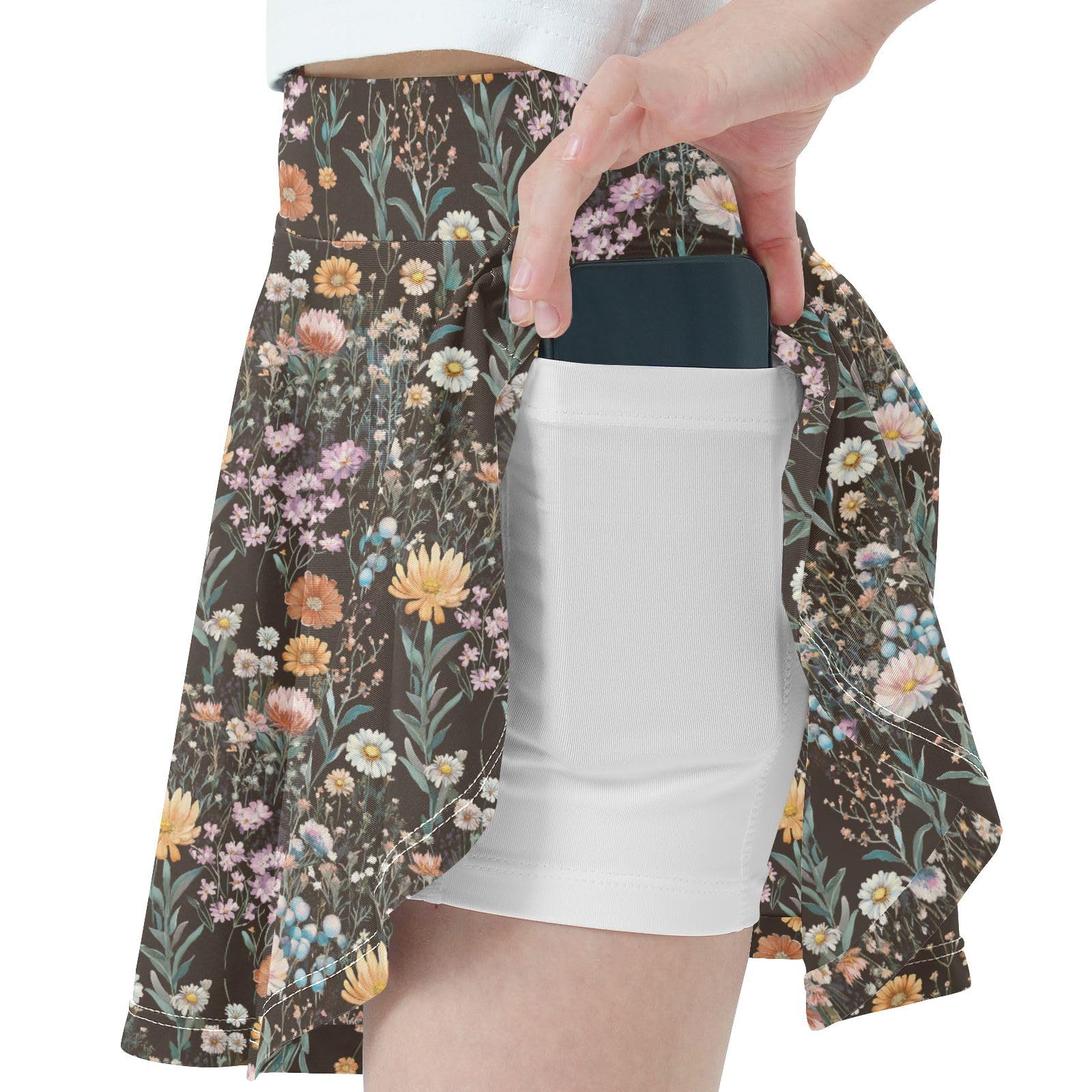 Flower in Vintage Girls Tennis Skirt with Shorts Kids Pleated Skort with Pockets Flowy Girl Golf Skirt