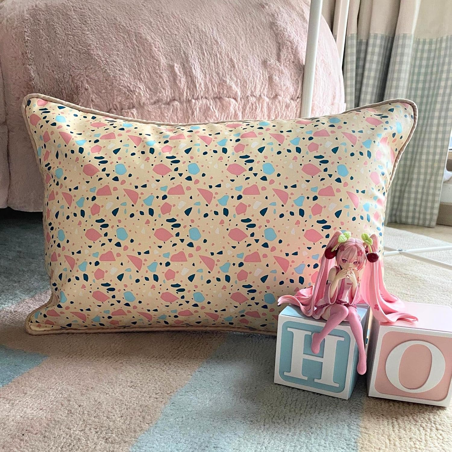 The HomeCentric Decorative Beige 12"x16" (30x40 cm) Lumbar Pillow Cover, Faux Leather Printed & Terrazo Oblong Pillow, Abstract Pattern Modern Style - Terrazo Fun Beige