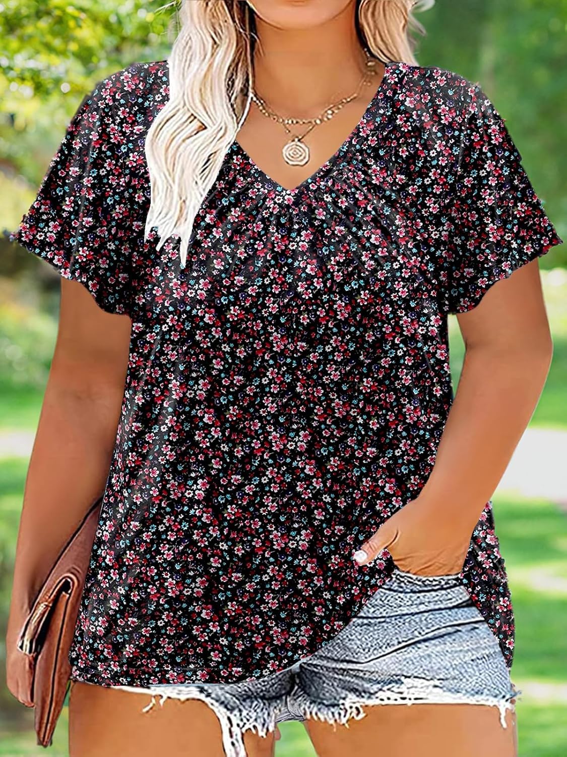 ROSRISS Womens-Plus-Size-Tops Summer Ruffle Short Sleeve Shirts Shirred V Neck Tunics - Image 5