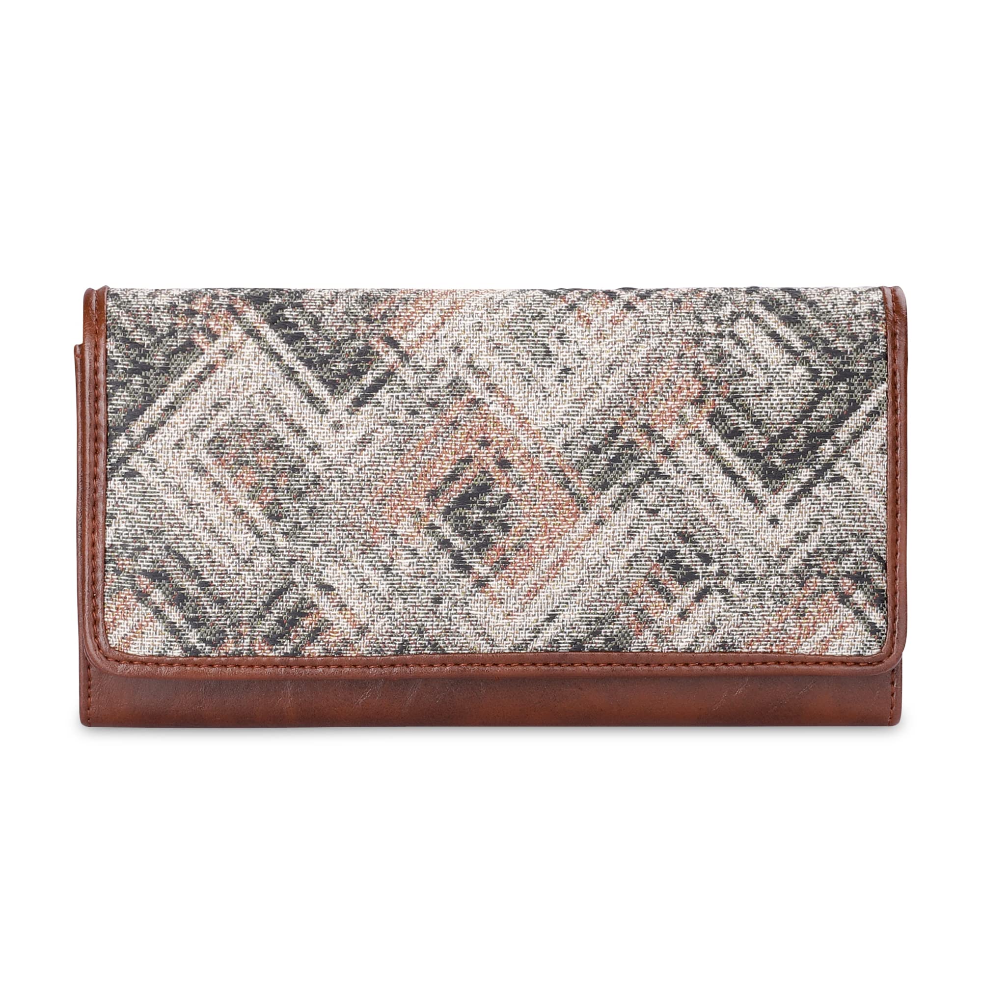 Sharon Collection Tapestry Fabric & Faux Leather Snap Flap Closure Womens Wallet Clutch Ladies Purse with Multiple Card Holders (White-Checks)-image-41