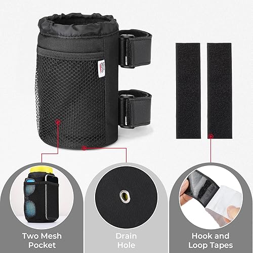 Miniatura 3 de Kemimoto Soporte para tazas barra enrollable para sillas de ruedas scooter o andador soporte para bebidas con bolsillos de malla y correas adhesivas