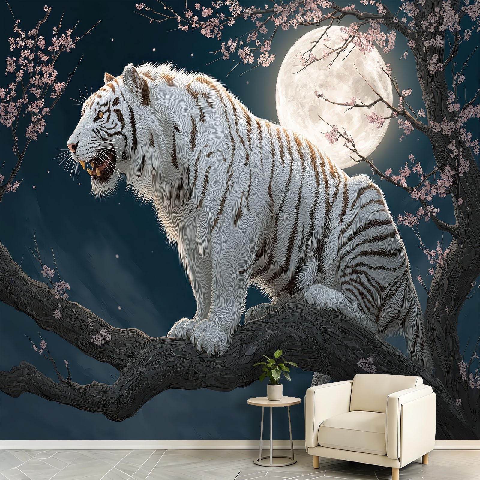 Carta da parati panoramica in tessuto non tessuto, fantasia animali, 350 x 256 cm, decorazione per soggiorno e camera da letto, effetto 3D, luna piena, fiori rami cielo notturno