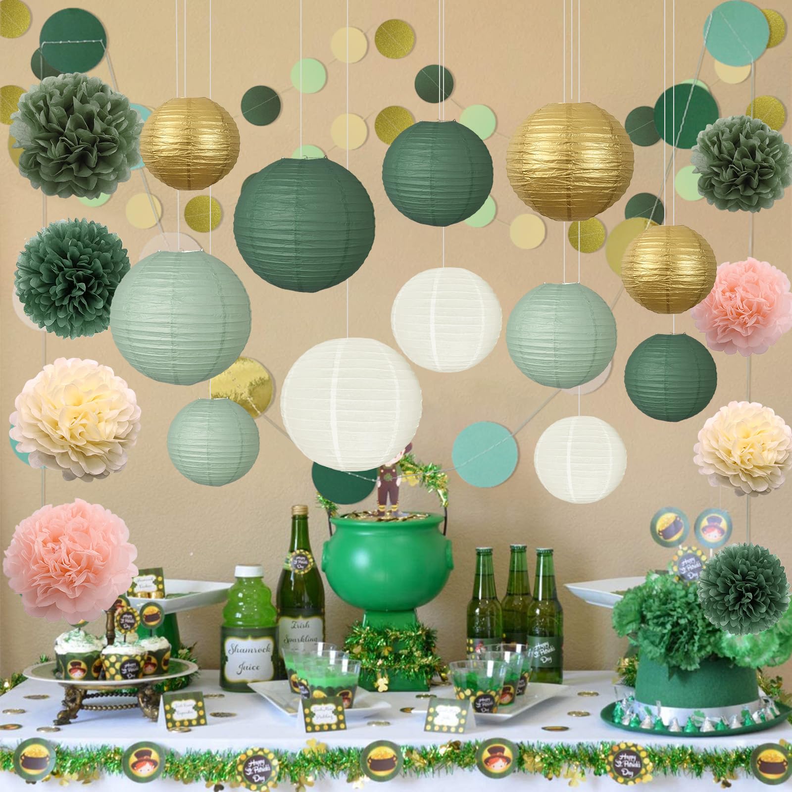 Set di 23 lanterne di carta, verde salvia e oro, lanterne rotonde di carta per sposa, decorazioni di nozze, feste di compleanno, giardino, verde salvia