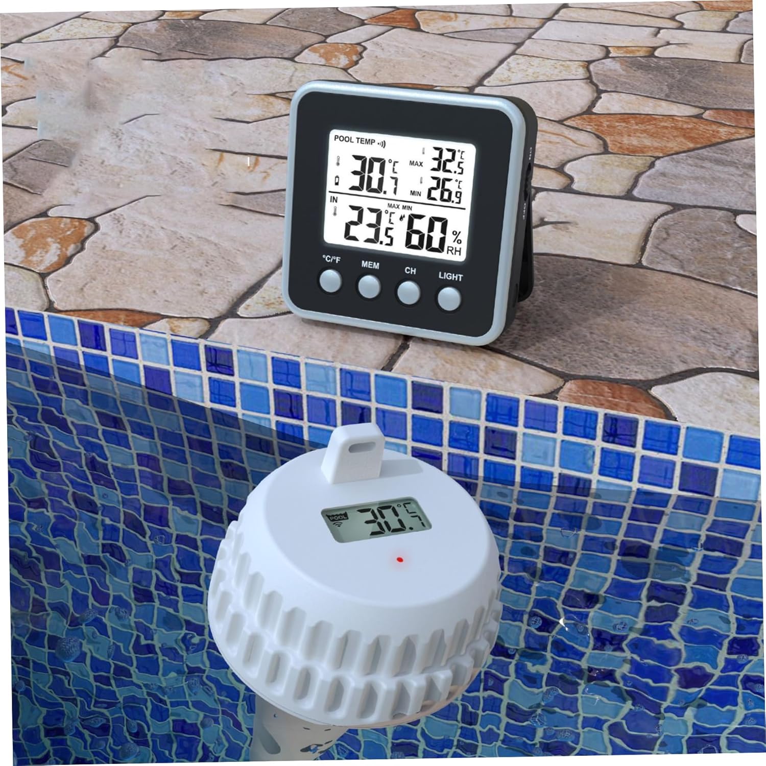 Wireless Pool Thermometer Floating with Indoor Display Pool Thermometer Floating Easy Read with 500 ft Remote Monitor for Hot Tub Spa Aquarium Pond