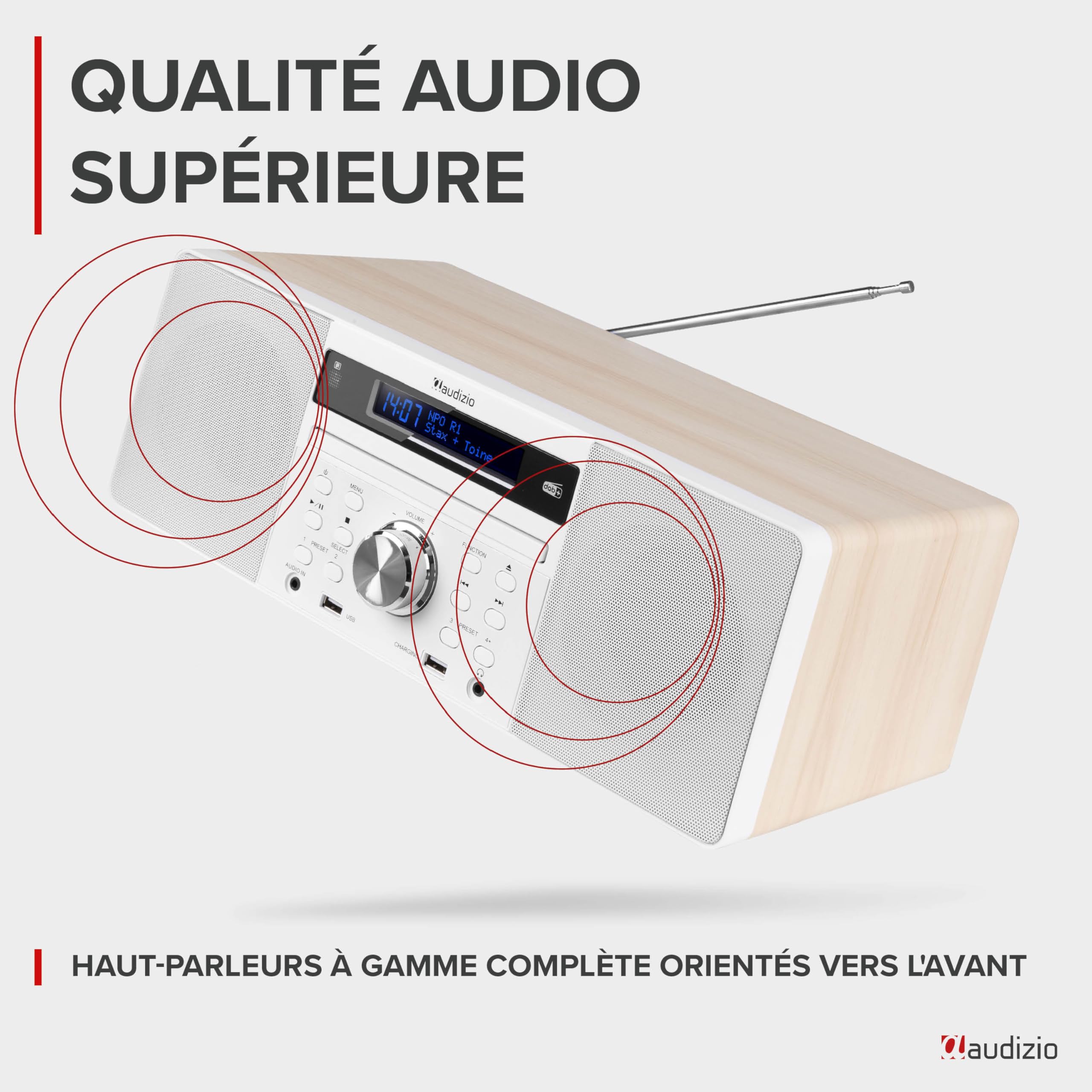 Audizio Prato Radio Dab+ et Lecteur CD avec Technologie sans Fil Bluetooth, Écran LCD, Fonction Horloge et Veille, 2X Port USB, Entrée AUX, Sortie Casque, Télécommande Incluse, Couleur Blanc