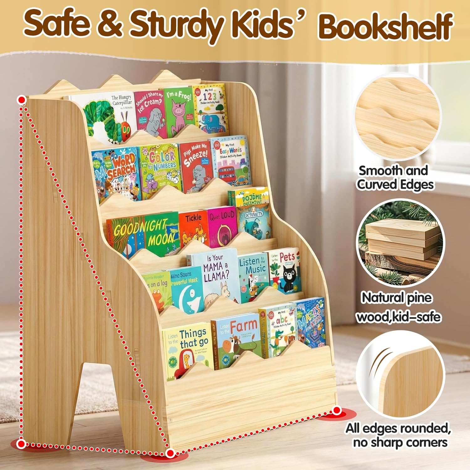 Book Shelf for Kids Room, 5 Tier Large Capacity Nursery Bookshelf 31.5" W * 31.5" H，Wooden Scalloped Montessori Bookshelf for Toddler Children, Bookcase for Classroom Bedroom