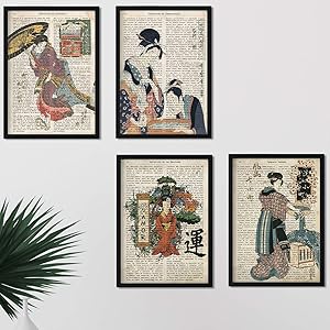 Nacnic Set 4 Láminas Estilo Oriental Vintage | Pósters de Geishas Japonesas con Texto en Español | Cuadro de Arte Antiguo en Asia
