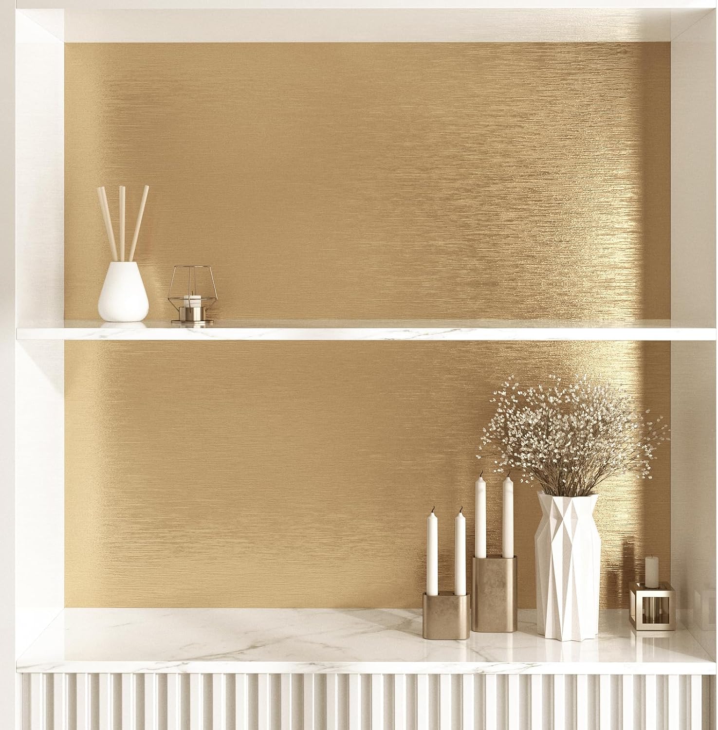 Wallercity Brushed Gold Stainless Steel Contact Paper for Countertops Golden Metallic Peel and Stick Wallpaper Self Adhesive Vinyl Wrap for Cabinets Shelf Liner Refrigerator Cover Film 17.5x315 in