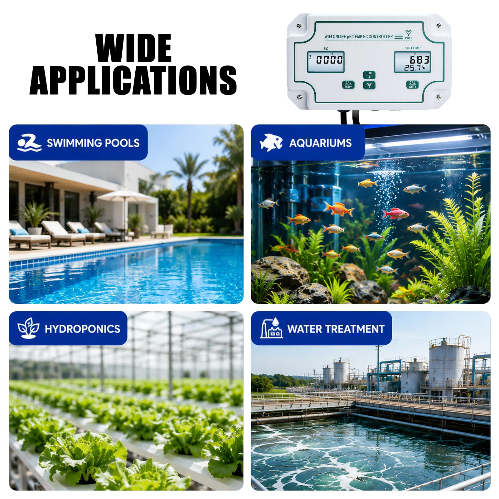 Testeur de Qualité d'Eau Intelligent WiFi 3-en-1 pH EC Temp Moniteur | Surveillance mobile en direct, historique des données, réglages d'alarme, capteurs de précision, fixation murale, ATC
