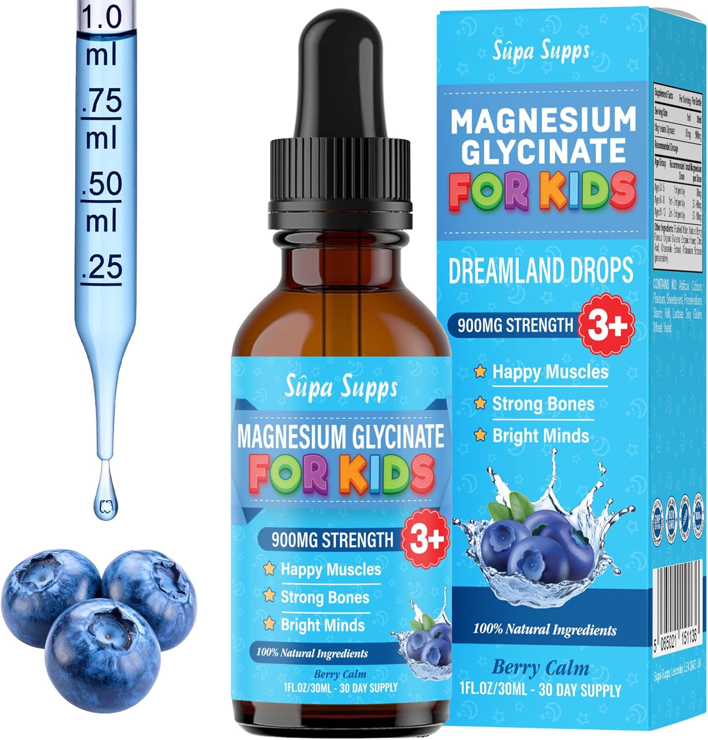 Kids Magnesium Glycinate 30ml – Blueberry Flavour | Supa Supps Liquid Magnesium Glycinate 3-in-1 Drops Support Relaxation, Calm, Balanced Energy, Focus & Growth | Easy Daily Supplement 1 Months Supply