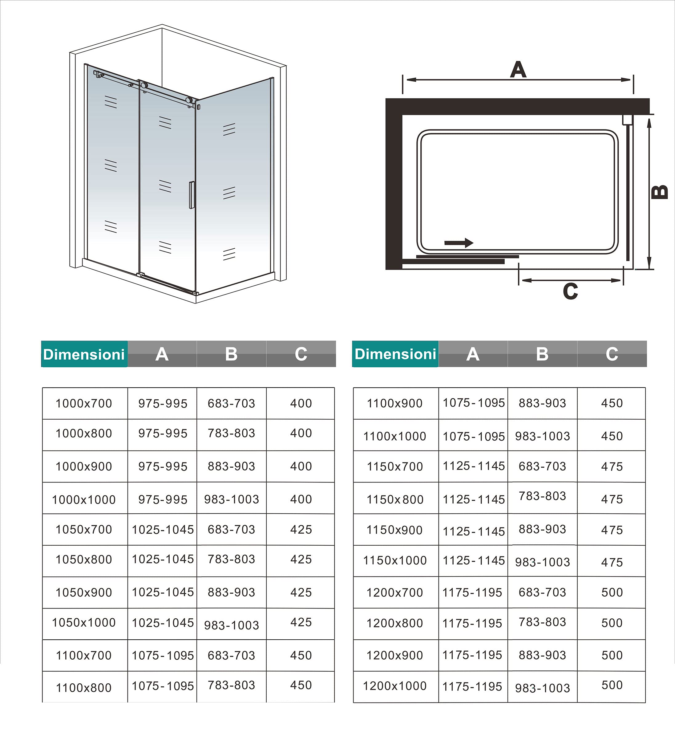 120x70x195 cm Box Doccia Angolare Porta Scorrevole con Parete Laterale Vetro 8 mm Temperato Anticalcare Trasparente Telaio Cromato Lucido