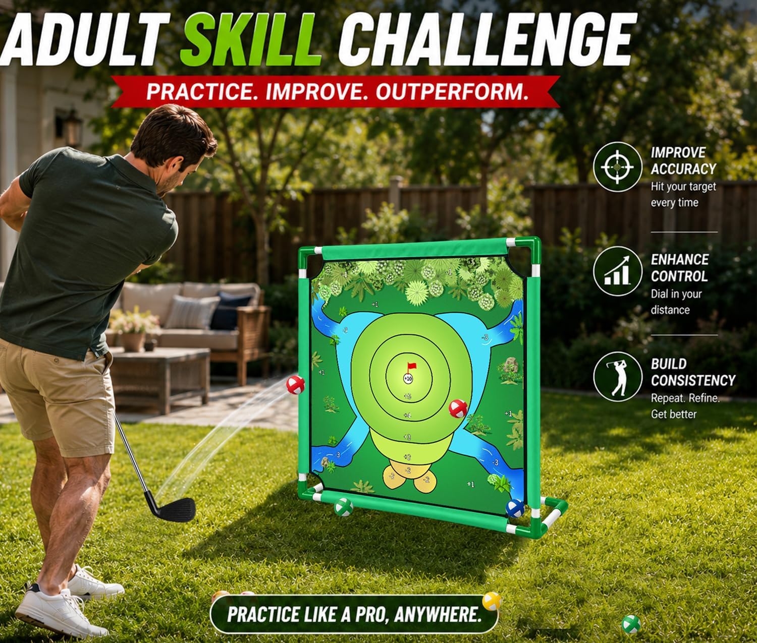 Golf Chipping Game Clubs for Kids & Adults, 2 Telescopic Adjustable Golf Clubs with 10 Balls, Portable Practice Indoor Outdoor Training for Backyard, Home and Family Golf Games (2 Clubs & 10 Balls) image 4