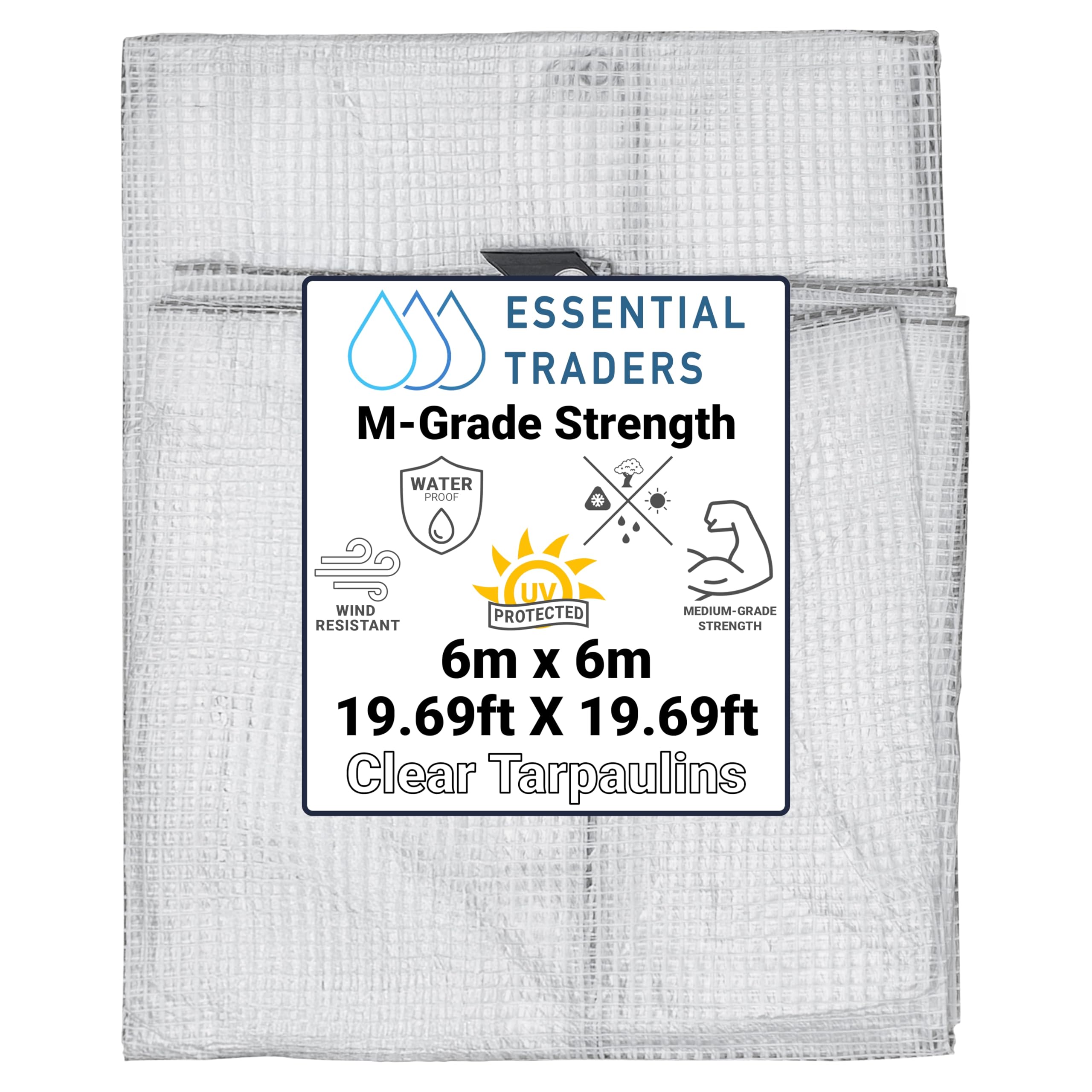 Clear Monotex Heavy Duty Tarpaulin, 100gsm Waterproof Ground Cover Multipurpose Furniture, Caravan, Vehicle, Tool, Camping & Shed Mono Sheet, Medium Weight Reinforced Cotton Mesh (6m x 6m)