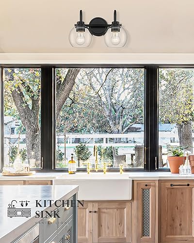 Vista 45 de AD-22280-2W-SN - Lámpara de tocador de baño de 2 luces, níquel cepillado con pantalla de vidrio transparente, luz de tocador de baño de granja sobre