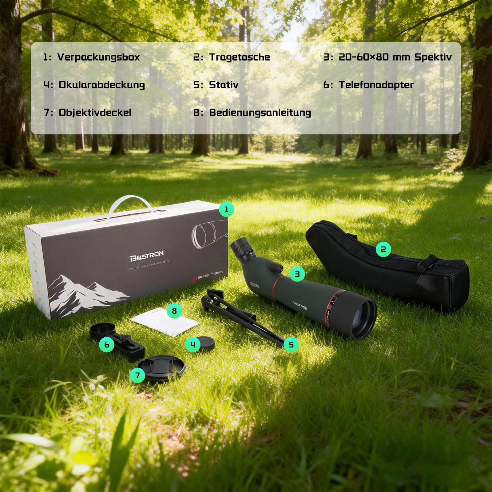 20-60 x 80 Spektiv Vogelbeobachtung HD FMC für Jagd | Spektive Sportschützen - Wasserdicht Porro Prism mit Stativ,45-Grad-abgewinkelte für Vogelbeobachtung,Zielschießen