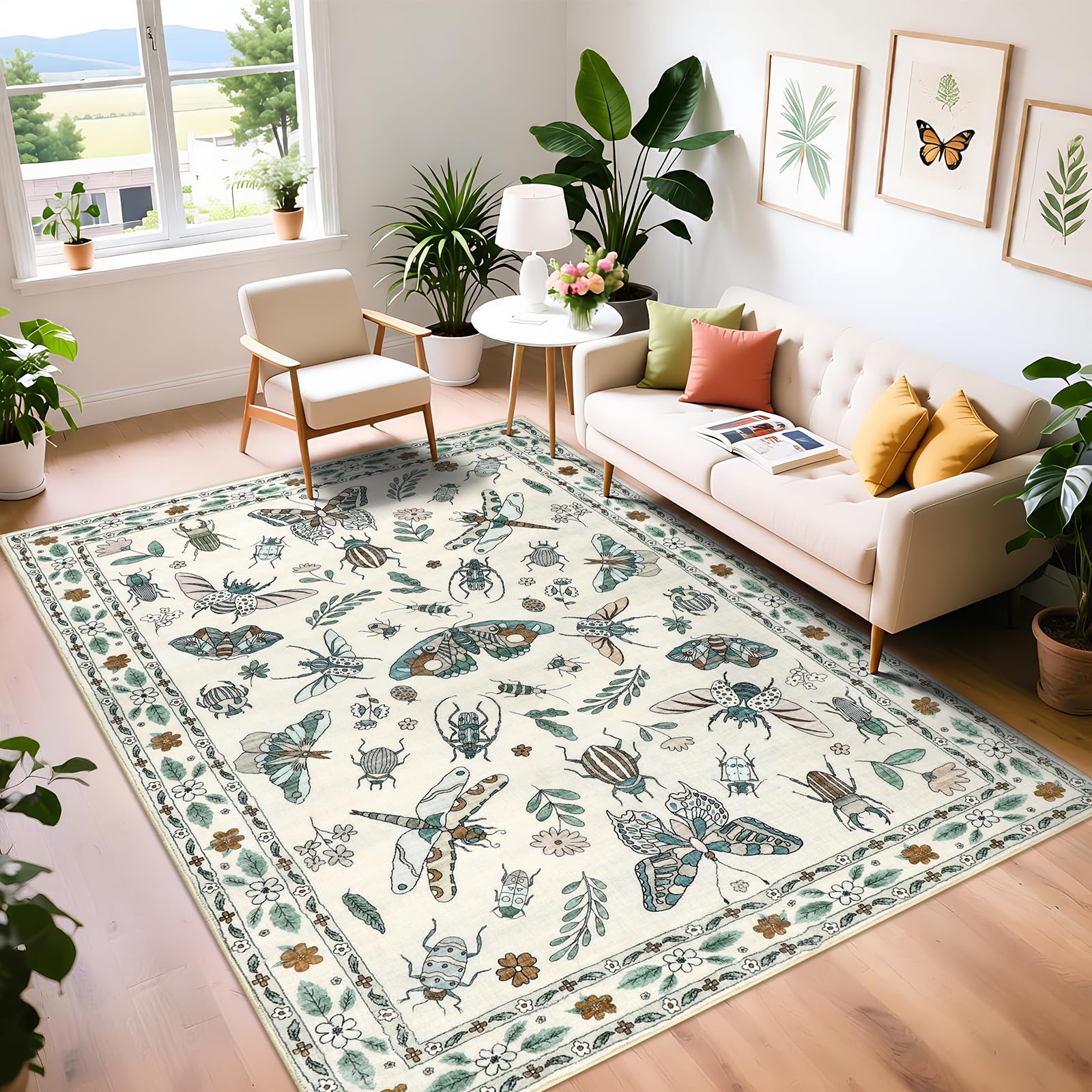 famibay Beige Area Rug 5x8 Floral Insect Printed Ultra Thin Rugs for Living Room Area Rugs Spring Faux Wool Rubber Backed Low Pile Carpets for Living