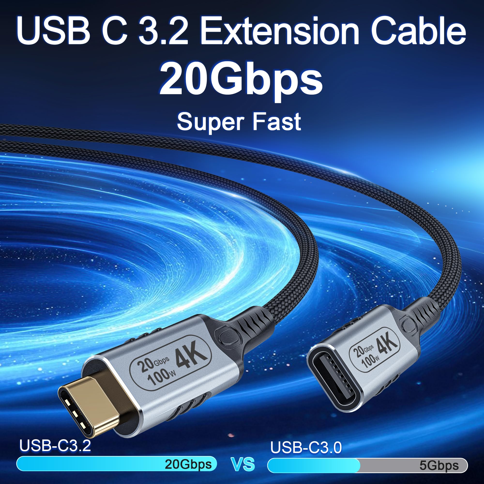 Cable de extensión USB C de 10 pies/3 m, cable de extensión USB C 3.2 de carga de 100 W, transferencia de datos de alta velocidad, 20 gbps, cable extensor USB C 3.2 tipo C, USB hembra a USB